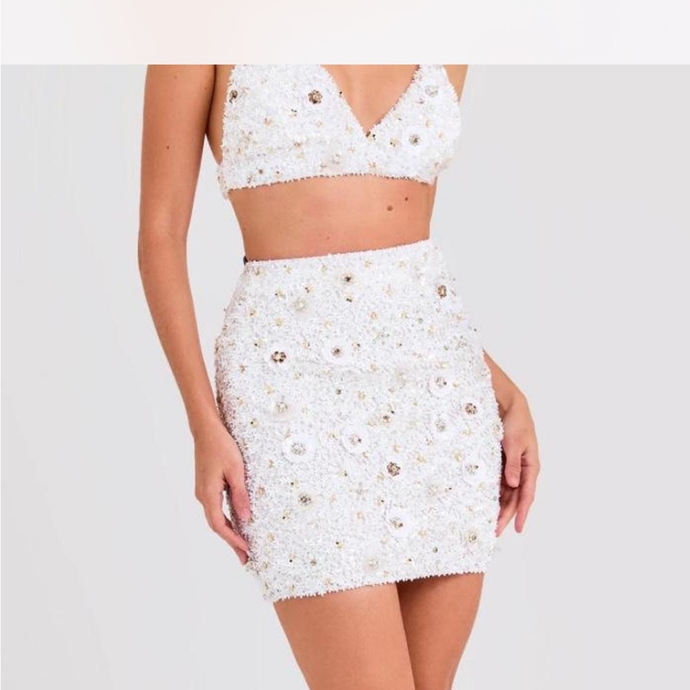 NADINE MERABI White Floral Embellished Mini Skirt
